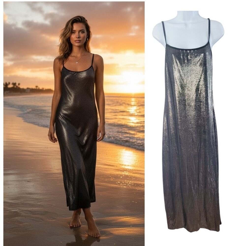 SHE Silver Metallic Maxi Dress Large Sleeveless Bodycon Stretch Evening Wear New
